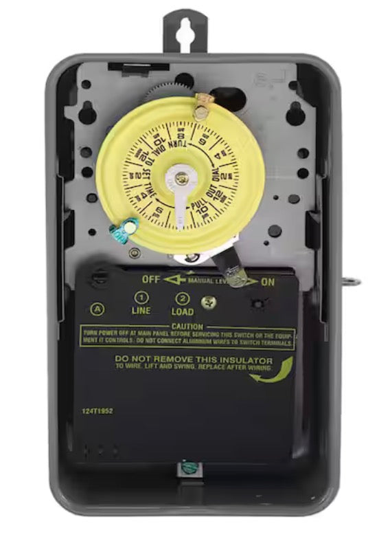 T100 Series 40 Amp 24-Hour Indoor Mechanical Timer with Double Pole Single Throw Switching 240 VAC, Gray