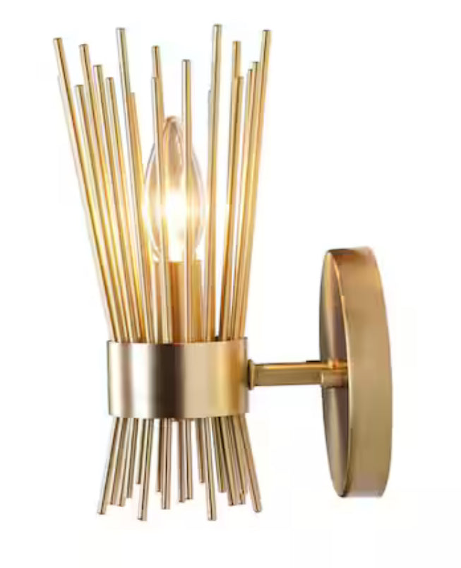 10 in. 1-Light Brushed Gold Sconce with Open Rod Metal Shade