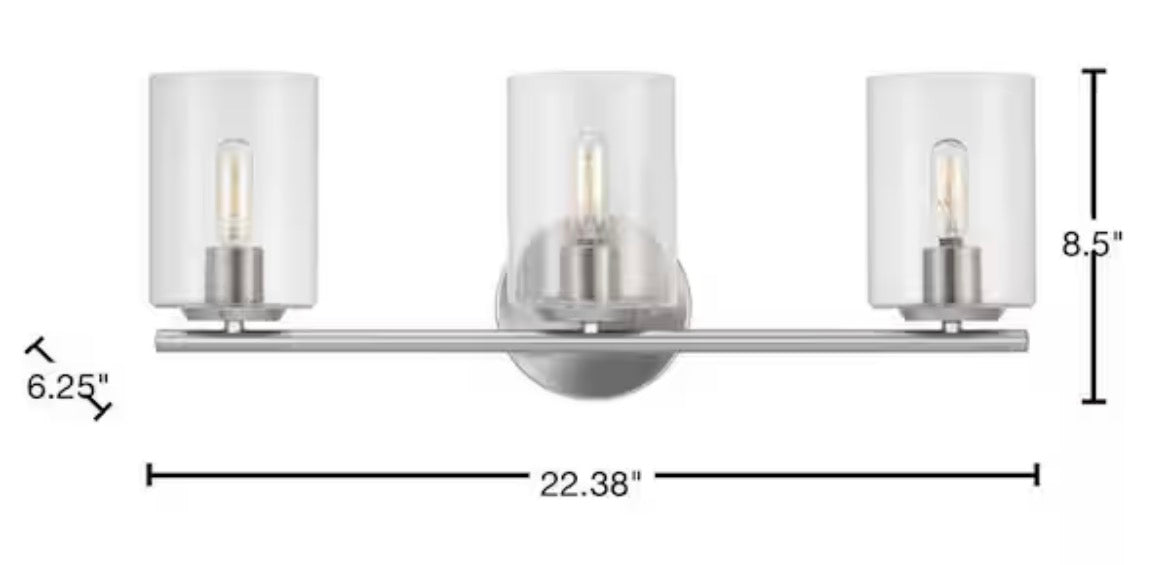 Champlain 22.375 in. 3-Light Brushed Nickel Modern Bathroom Vanity Light with Clear Glass Shades