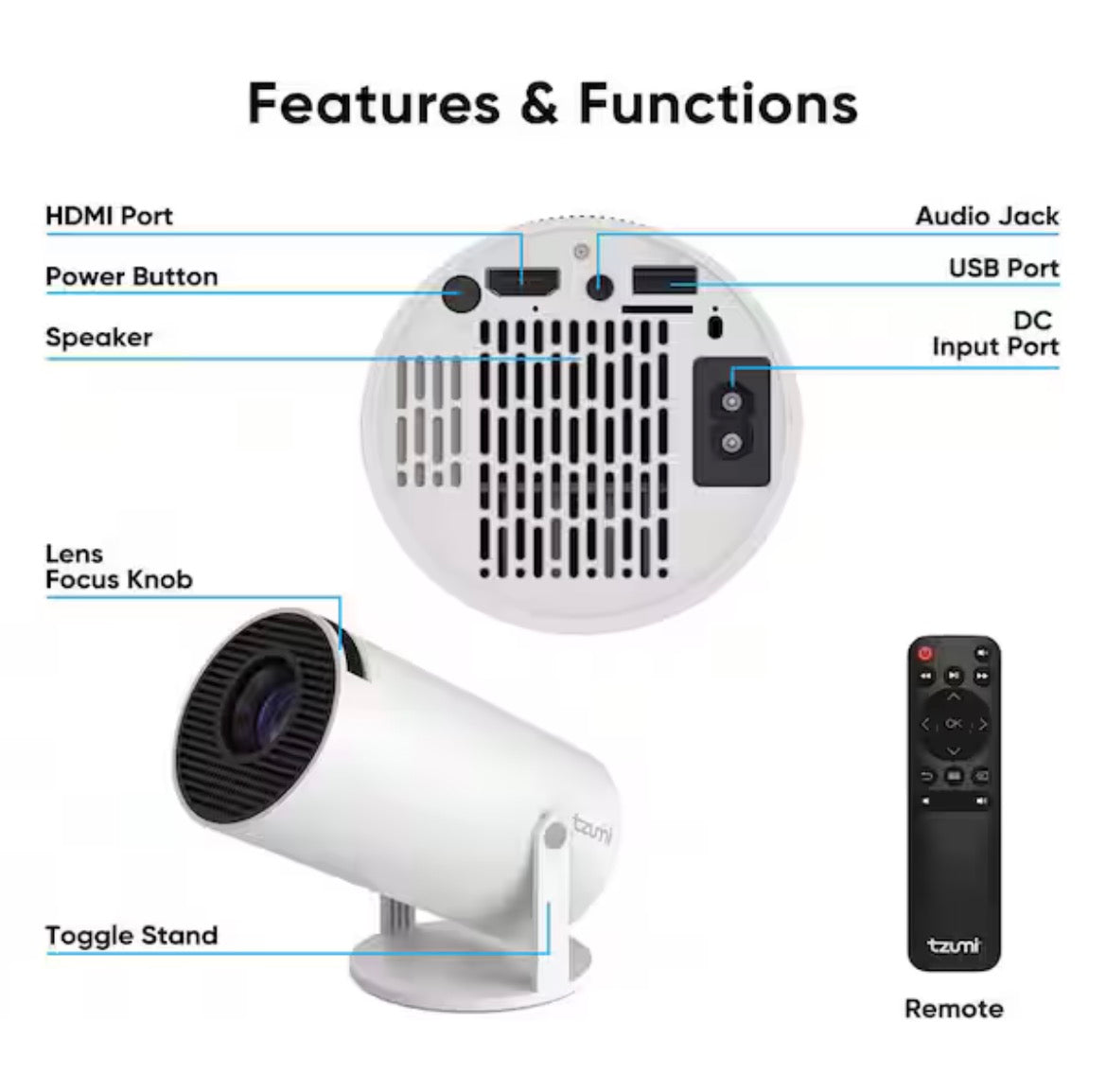 1280 x 720 HD Movie Projector with Stand 360 Lumens