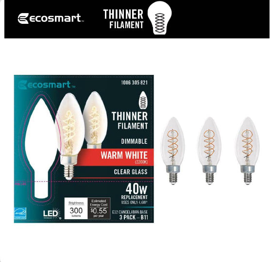 40-Watt Equivalent B11 Dimmable E12 Candelabra Fine Bendy Filament LED Vintage Edison Light Bulb Warm White (3-Pack)