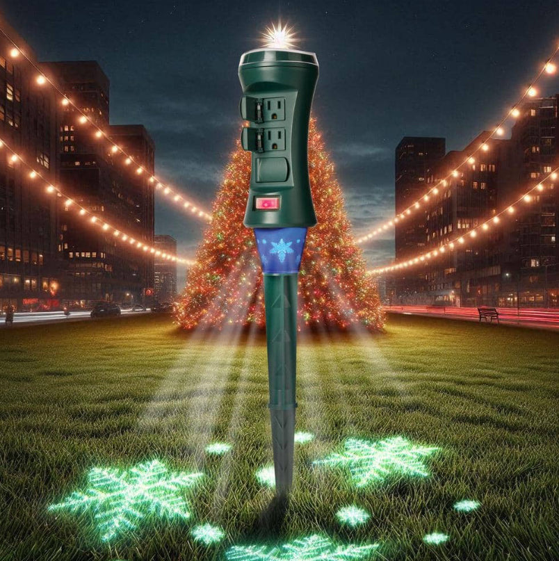 Smart Outdoor 4 ft. 6-Outlet Power Stake Timer with Holiday Lights Projector Powered by Hubspace