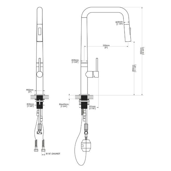 Easy-Install Single Handle Deck Mount Squared Arc Pull Down Sprayer Kitchen Faucet with Flexible Hose in Brushed Gold - Bath Pro Supply