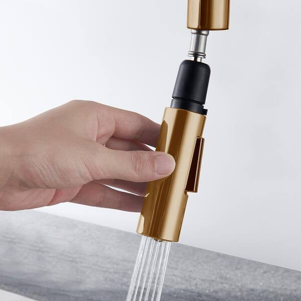 Easy-Install Single Handle Deck Mount Squared Arc Pull Down Sprayer Kitchen Faucet with Flexible Hose in Brushed Gold - Bath Pro Supply