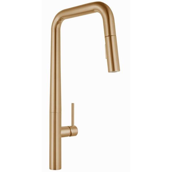 Easy-Install Single Handle Deck Mount Squared Arc Pull Down Sprayer Kitchen Faucet with Flexible Hose in Brushed Gold - Bath Pro Supply
