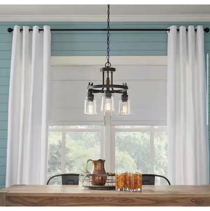 Knollwood 17-1/2 in. 3-Light Black Bronze with Brass Accents Industrial Round Chandelier for Kitchens Bulbs Included