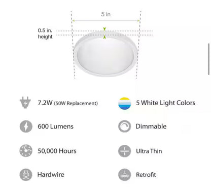 7.2-Watt Integrated LED Flush Mount 5 in. White Round Dimmable Flat Ceiling Panel with Color Change 5-CCT