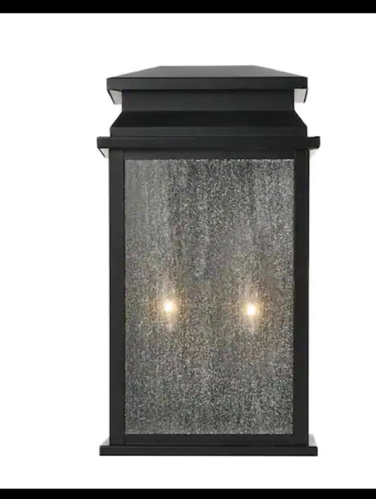 Sirrine 17.25 in. 2-Light Black Outdoor Wall Light Fixture Sconce with Clear Seeded Glass