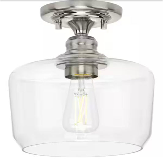 (Aiken Collection 1-Light Brushed Nickel Clear Glass Farmhouse Flush Mount Light