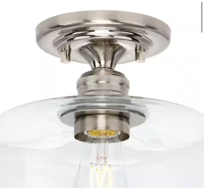 Aiken Collection 1-Light Brushed Nickel Clear Glass Farmhouse Flush Mount Light