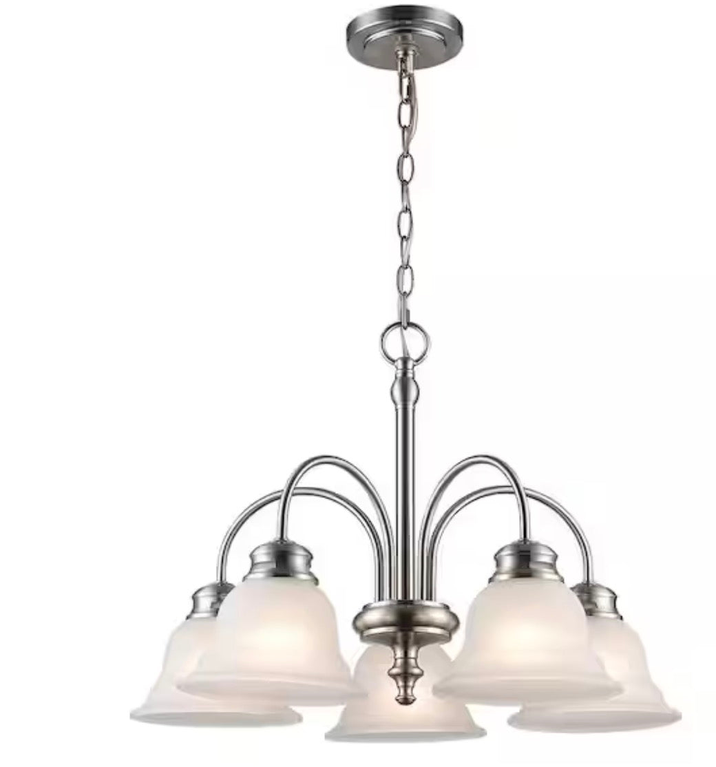 5-Light Brushed Nickel Down-Light Chandelier Light Fixture with Frosted Glass Bell Shaped Shades
