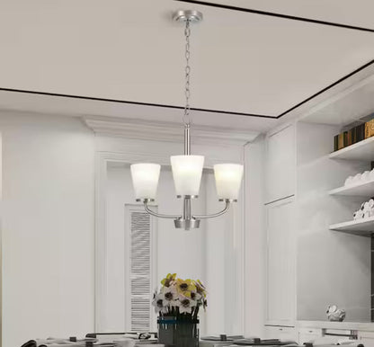 Helena 19 in 3-Light Brushed Nickel Hanging Chandelier with Frosted Glass Shades for Dining Room