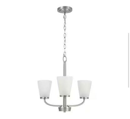 Helena 19 in 3-Light Brushed Nickel Hanging Chandelier with Frosted Glass Shades for Dining Room