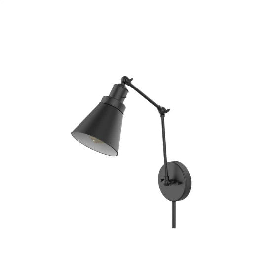 1-Light Black Plug-In/Hardwired Swing Arm Wall Lamp with 6 ft. Fabric Cord