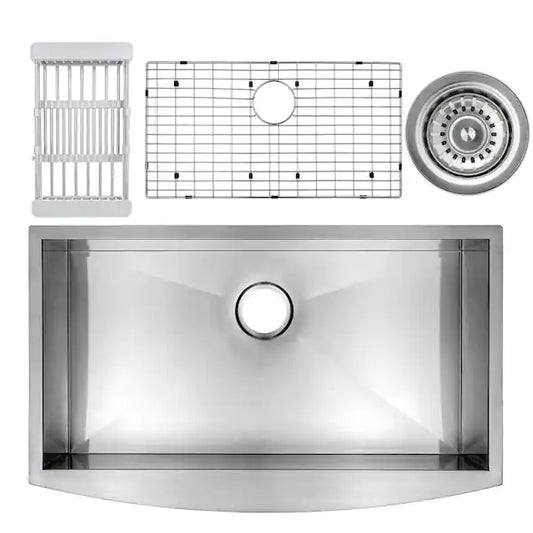 Handcrafted All-in-One Farmhouse Apron Front Stainless Steel 33 in. x 20 in. x 9 in. Single Bowl Kitchen Sink - Bath Pro Supply