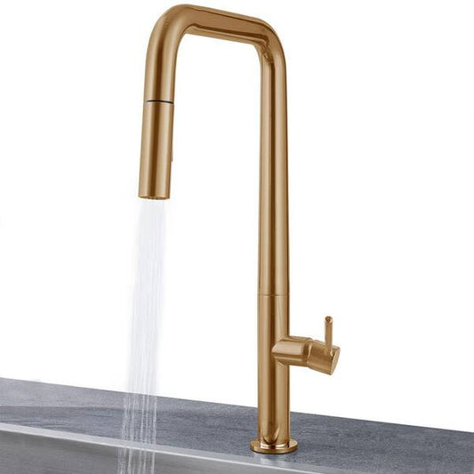 Easy-Install Single Handle Deck Mount Squared Arc Pull Down Sprayer Kitchen Faucet with Flexible Hose in Brushed Gold - Bath Pro Supply